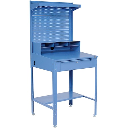 Global Industrial Shop Desk w/Pigeonhole Compartments, Pegboard Riser w/Shelf, 34-1/2W x 30D x38 to 42-1/2H, Bue 249458